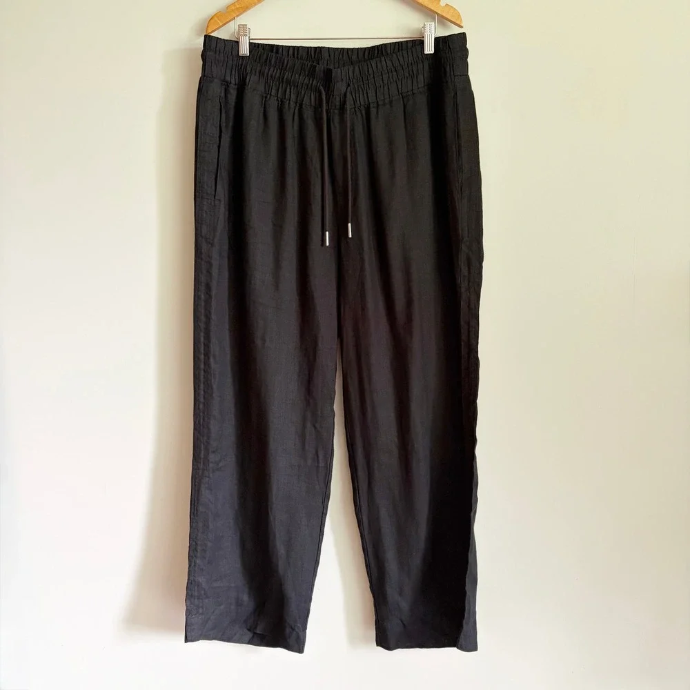 Quince European Linen Wide Leg Pants Size XL Black Drawstring Smocked Pockets